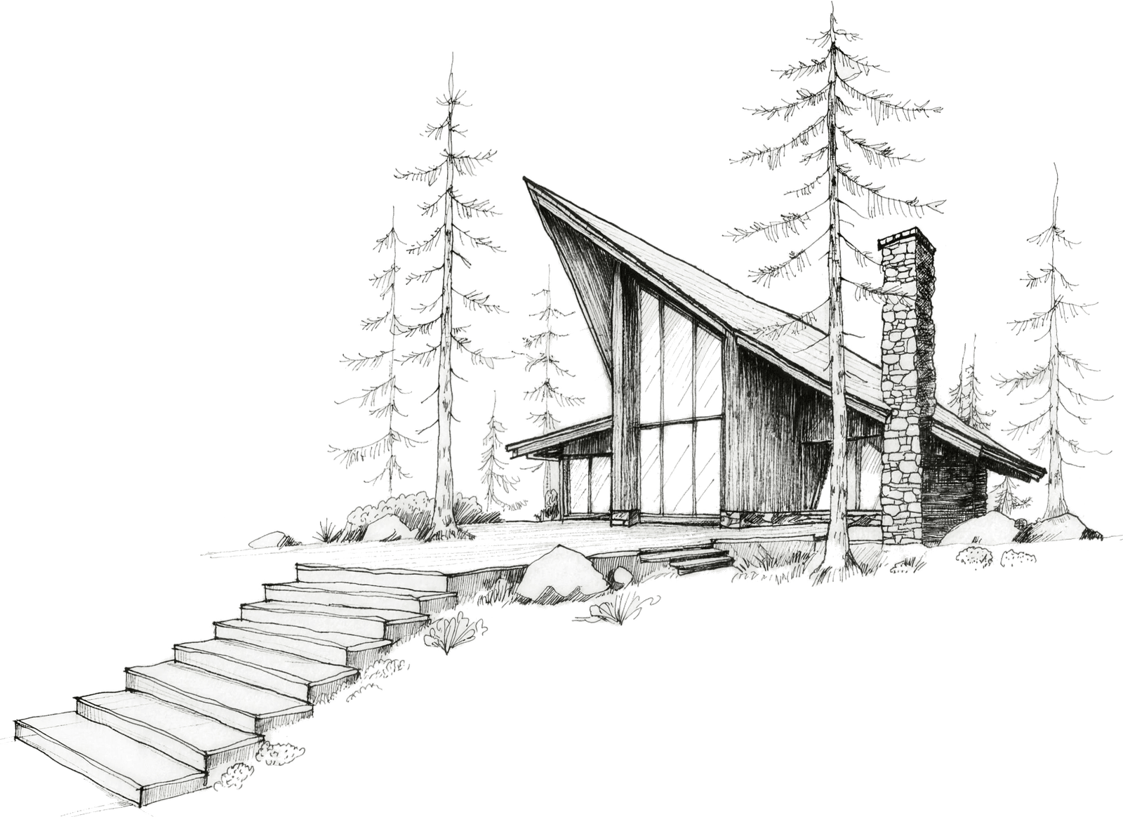 Architectural pencil sketch of a big modern cabin among the trees